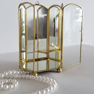 Gold and glass case with hanging hooks